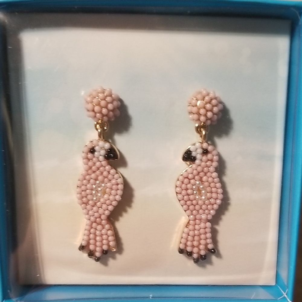 Pink Beaded Parrot Drop Earrings - Brand: